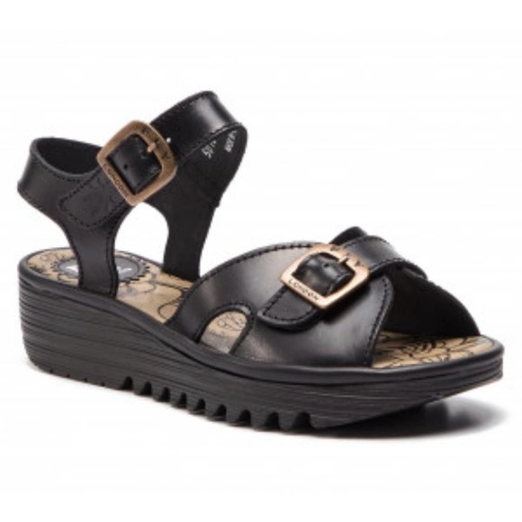 FLY LONDON EMITFLY WEDGE SANDALS IN BLACK LEATHER WOMEN SIZE EU39/US9 - Picture 2 of 10